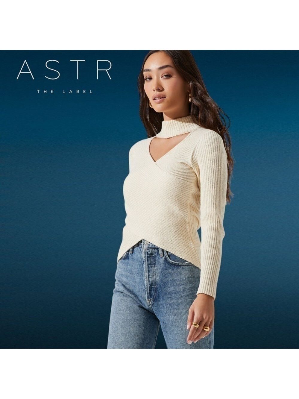 ASTR THE LABEL Mock Neck Cross Front Long Sleeve Sweater in Cream NWT/XL - Picture 4 of 14